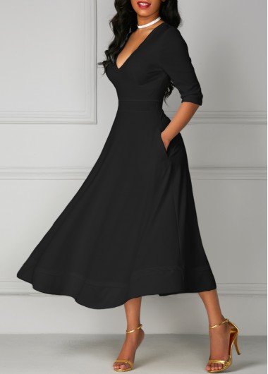 Black V Neck Pocket Design Half Sleeve Dress