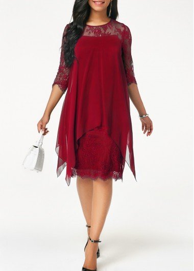 Wine Red Three Quarter Sleeve Chiffon Overlay Lace Dress