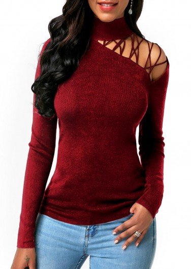 Strappy Shoulder Mock Neck Wine Red Sweater