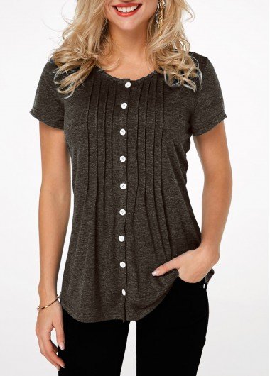 Button Up Pleated Short Sleeve T Shirt