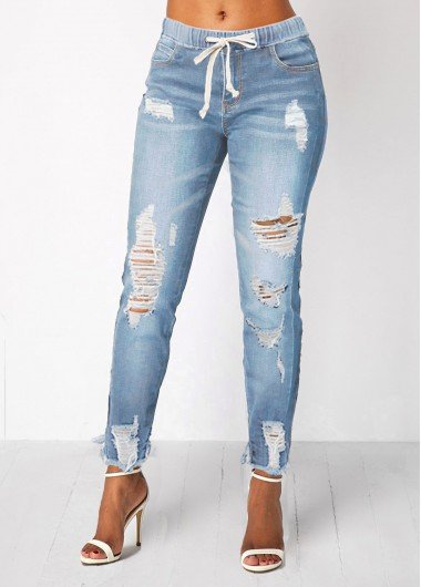 Light Blue Shredded Elastic Waist Pocket Jeans