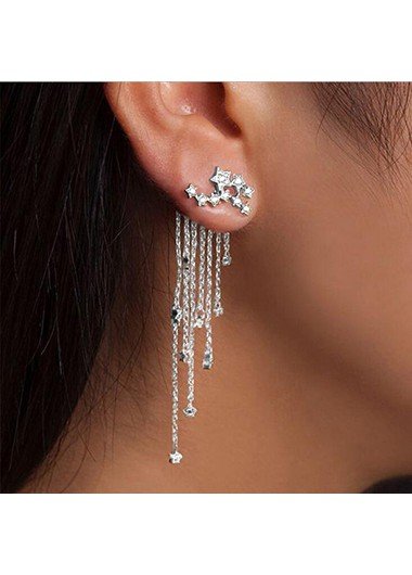 Chain Tassel Rhinestone Embellished Silver Earrings