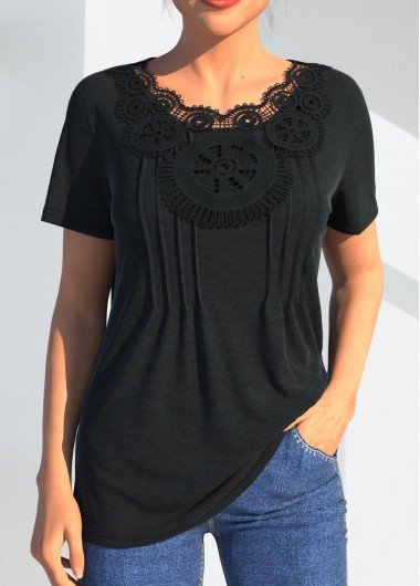 Black Lace Stitching Crinkle Chest T Shirt