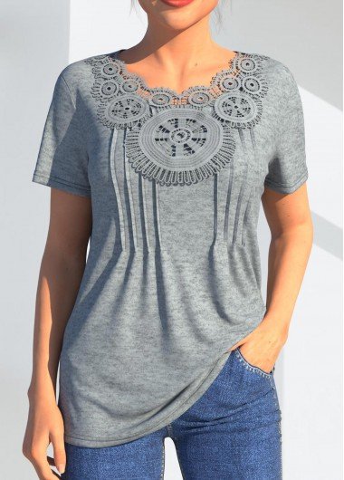 Grey Marl Lace Stitching Crinkle Chest T Shirt