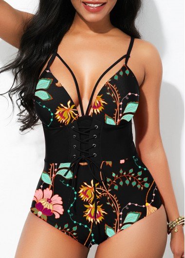 Tie Back Lace Up Front Floral Print One Piece Swimwear