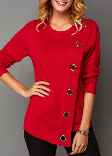 Eyelet Detail Asymmetric Hem Long Sleeve Sweater