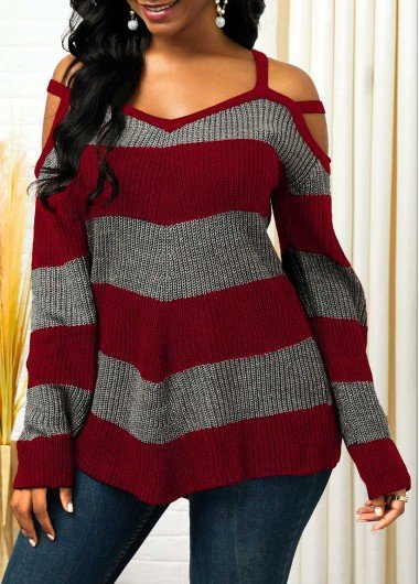 Cold Shoulder Striped Asymmetric Hem Sweater