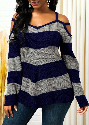 Asymmetric Hem Cold Shoulder Striped Sweater