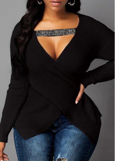 Asymmetric Hem Cutout Front Black Sweater