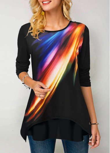 Long Sleeve Printed Round Neck Rainbow Color T Shirt