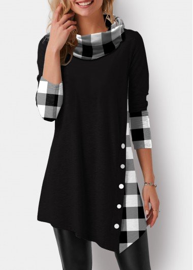 Black Decorative Button Plaid Long Sleeve Sweatshirt