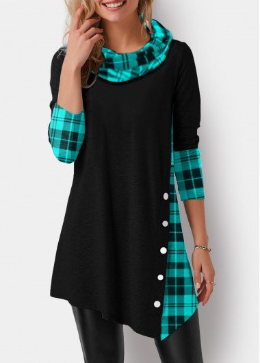 Black Decorative Button Plaid Long Sleeve Sweatshirt