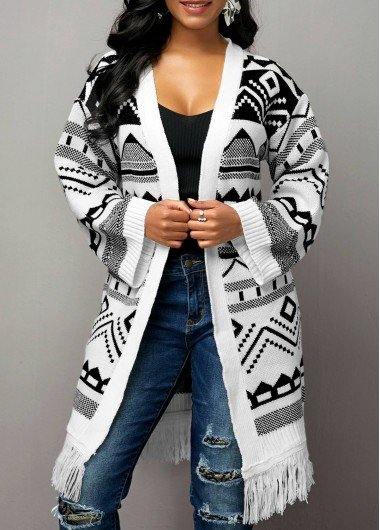 Tribal Pattern Tassel Hem Open Front Cardigan