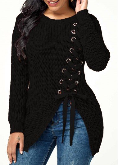 Lace Up Rib Knit Asymmetric Hem Sweater