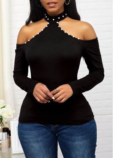 Embellished Neck Cold Shoulder Black Sweater