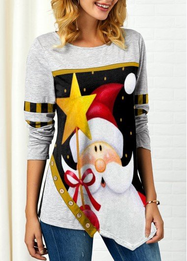 Asymmetric Hem Christmas Santa Claus Print Sweatshirt