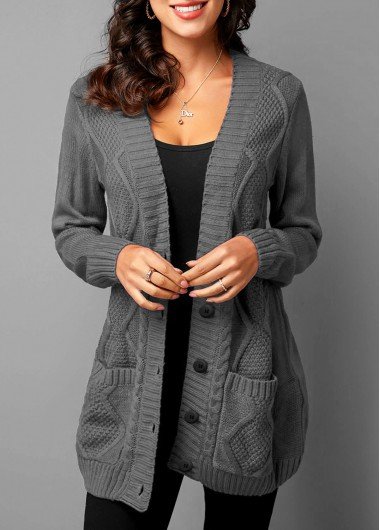 Pocket Detail Button Up Rib Knit Cardigan