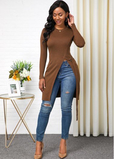 Long Sleeve Round Neck Side Slit Sweater