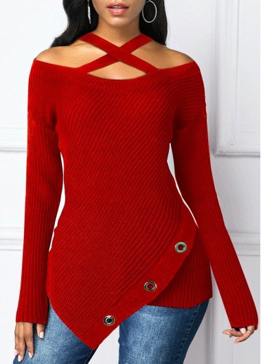 Asymmetric Hem Cross Strap Cold Shoulder Sweater