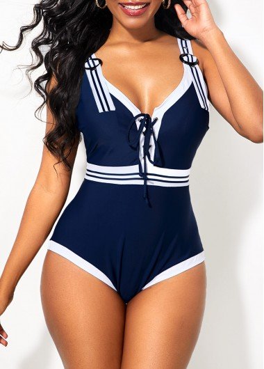 Lace Up Navy Blue Wide Strap One Piece Swimwear