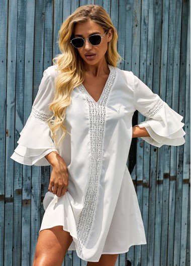 Flare Sleeve White V Neck Cover Up