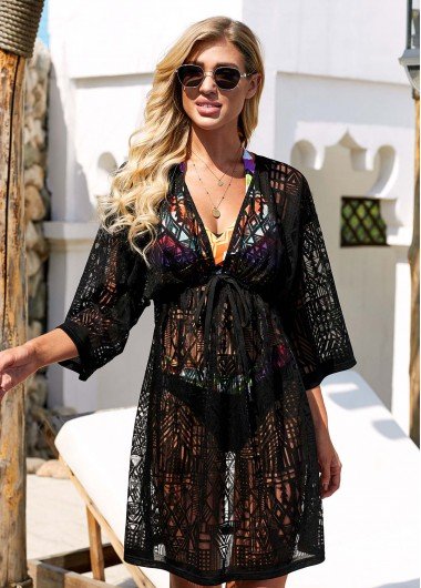 Tie Front Three Quarter Sleeve Black Lace Cover Up