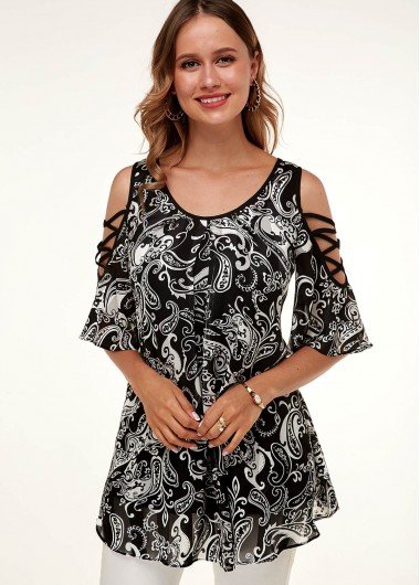 A Line Printed Cold Shoulder Flare Sleeve T Shirt