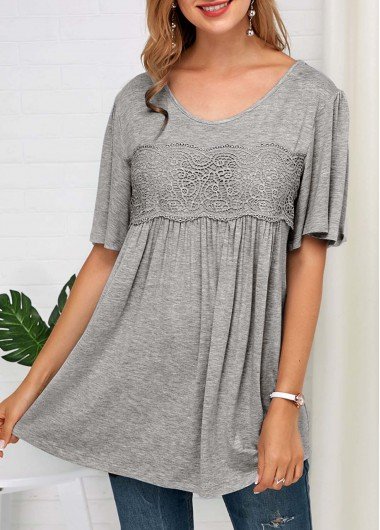 Lace Panel Grey Half Sleeve Soft T Shirt