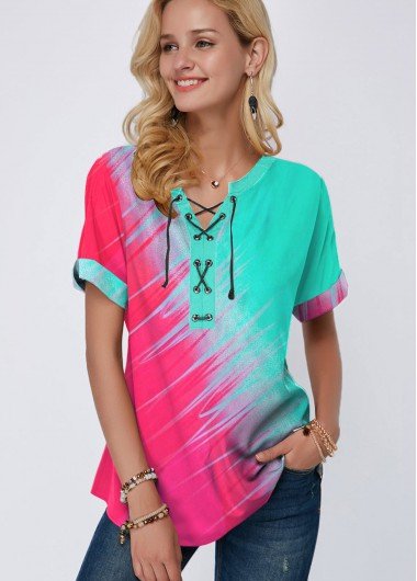 Lace Up Color Block Short Sleeve T Shirt