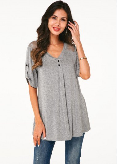 Lace Panel Roll Tab Sleeve V Neck Soft T Shirt