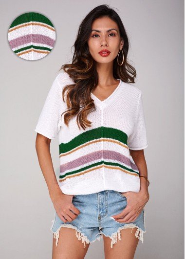 Contrast V Neck Short Sleeve Sweater