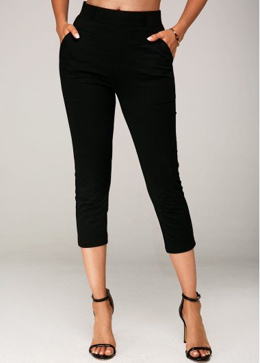 Side Pocket Black Elastic Waist Crop Pants