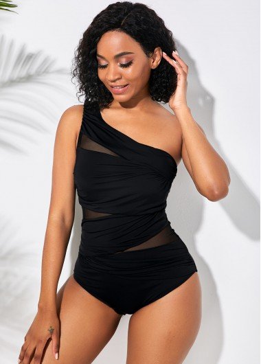 One Shoulder Sheer Mesh Black One Piece Swimwear