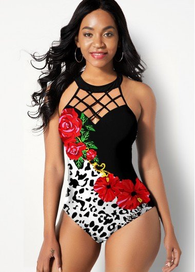 Leopard and Floral Print Lattice Front One Piece Swimwear