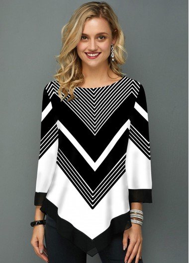 Asymmetric Hem Chevron Print Three Quarter Sleeve T Shirt