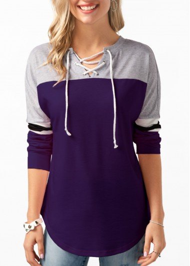 Long Sleeve Lace Up Contrast Sweatshirt