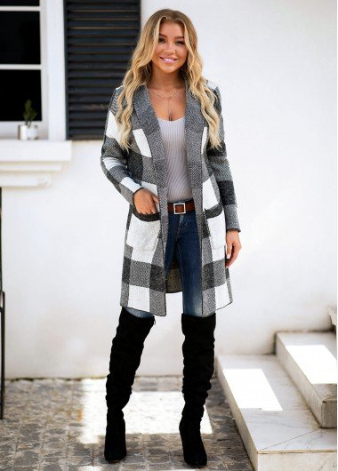 Open Front Plaid Pattern Pocket Cardigan