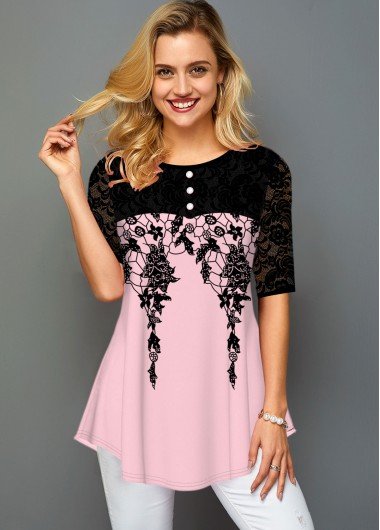 Lace Panel Floral Print Round Neck T Shirt