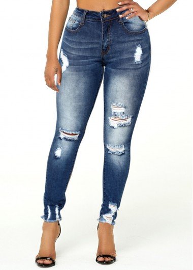 Shredded Acid Washed Frayed Hem Jeans