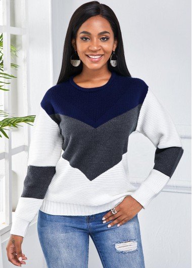 Color Block Round Neck Long Sleeve Sweater