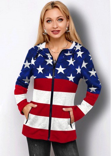 American Flag Print Side Pocket Zipper Closure Hoodie