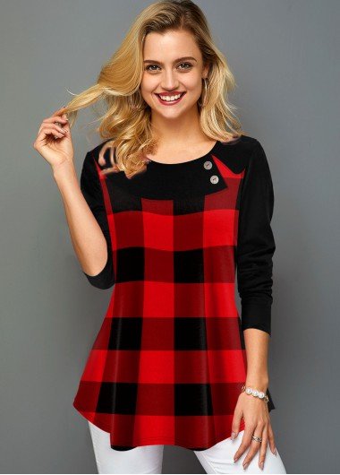 Plaid Print Round Neck Long Sleeve T Shirt