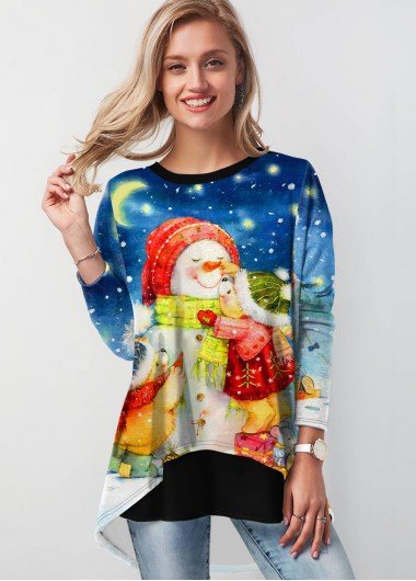 Christmas Snowman Print Round Neck Contrast Sweatshirt