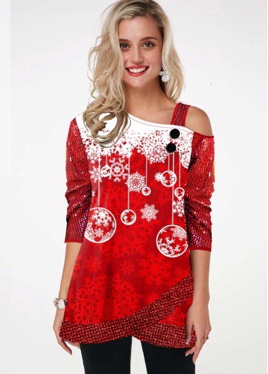 Sequin Sleeve Christmas Snowflake Print Cold Shoulder T Shirt