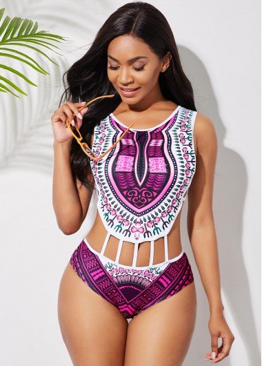 Dashiki Print Cutout Waist One Piece Swimwear