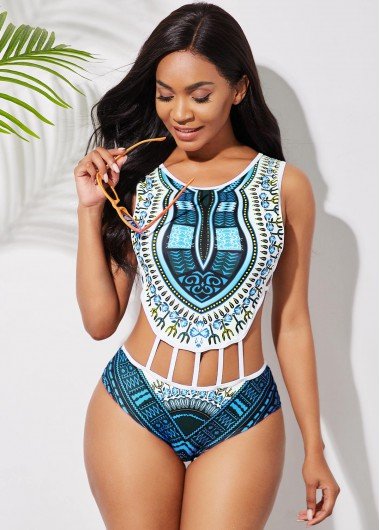 Dashiki Print Cutout Waist One Piece Swimwear