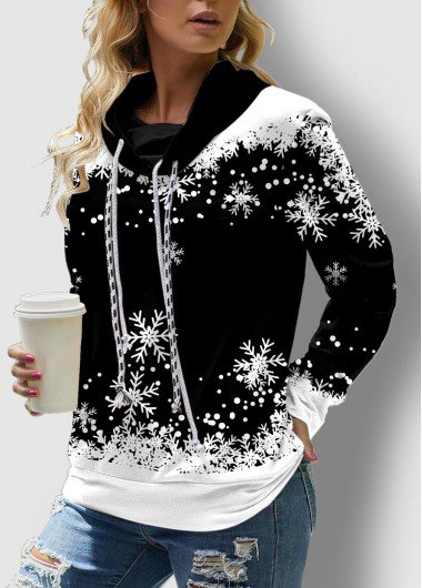 Long Sleeve Black Christmas Snowflake Print Sweatshirt