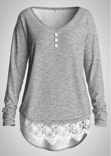 Light Grey Lace Patchwork Long Sleeve Sweatshirt