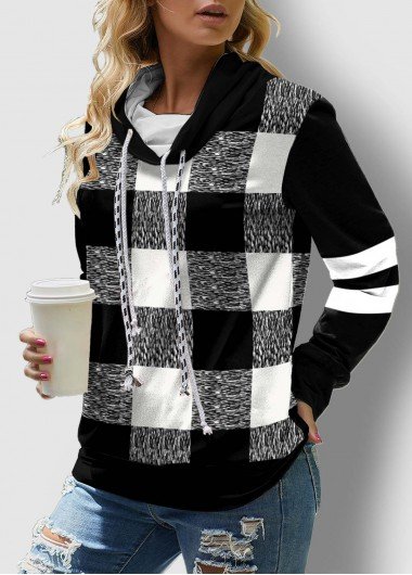 Plaid Drawstring Neck Long Sleeve Contrast Sweatshirt