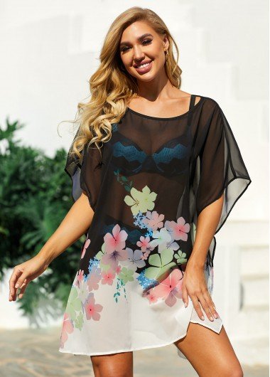 Floral Print Side Slit Black Cover Up